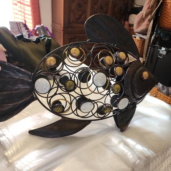 LARGE 15" METAL ORNATE FREE STANDING FIGURINE WITH Chrystalline POTTERY CABOCHON - Picture 5 of 5